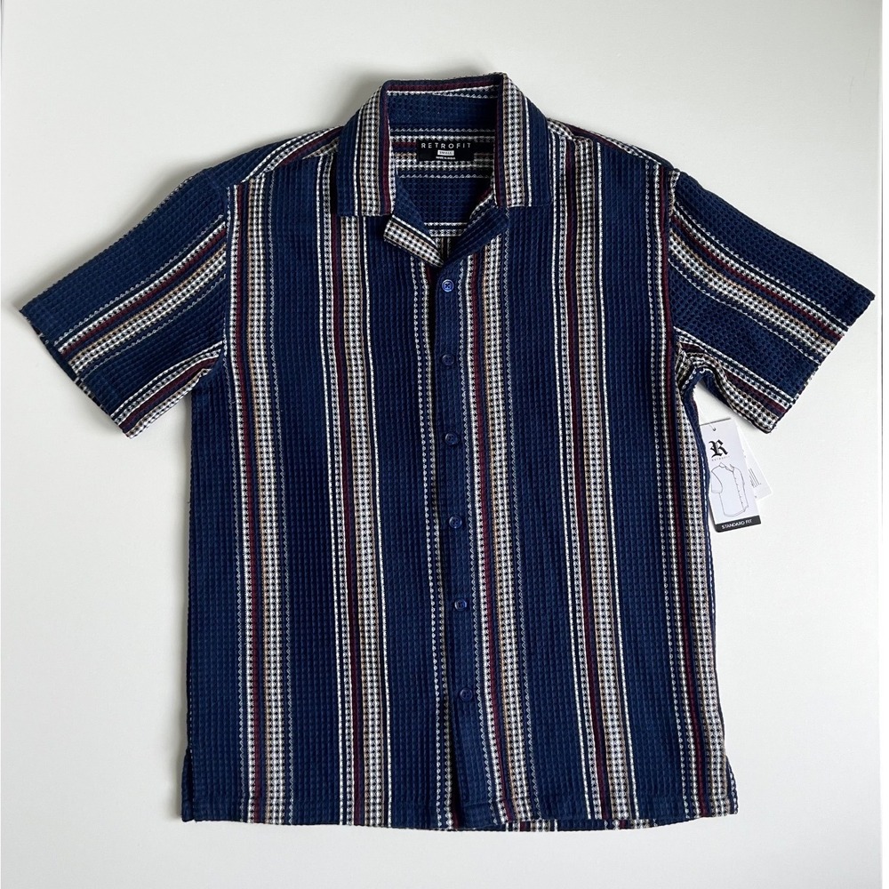 Retrofit Mens Waffle Knit Stripe Camp Collar Short Sleeve Button Up Shirt Navy S